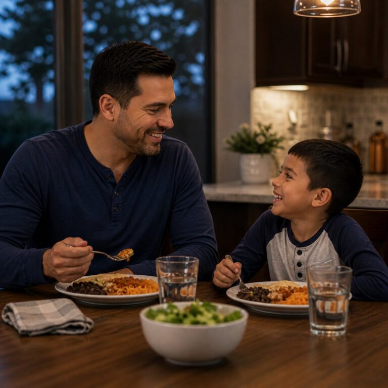 Oklahoma father and son sharing a meal as a co-parenting family